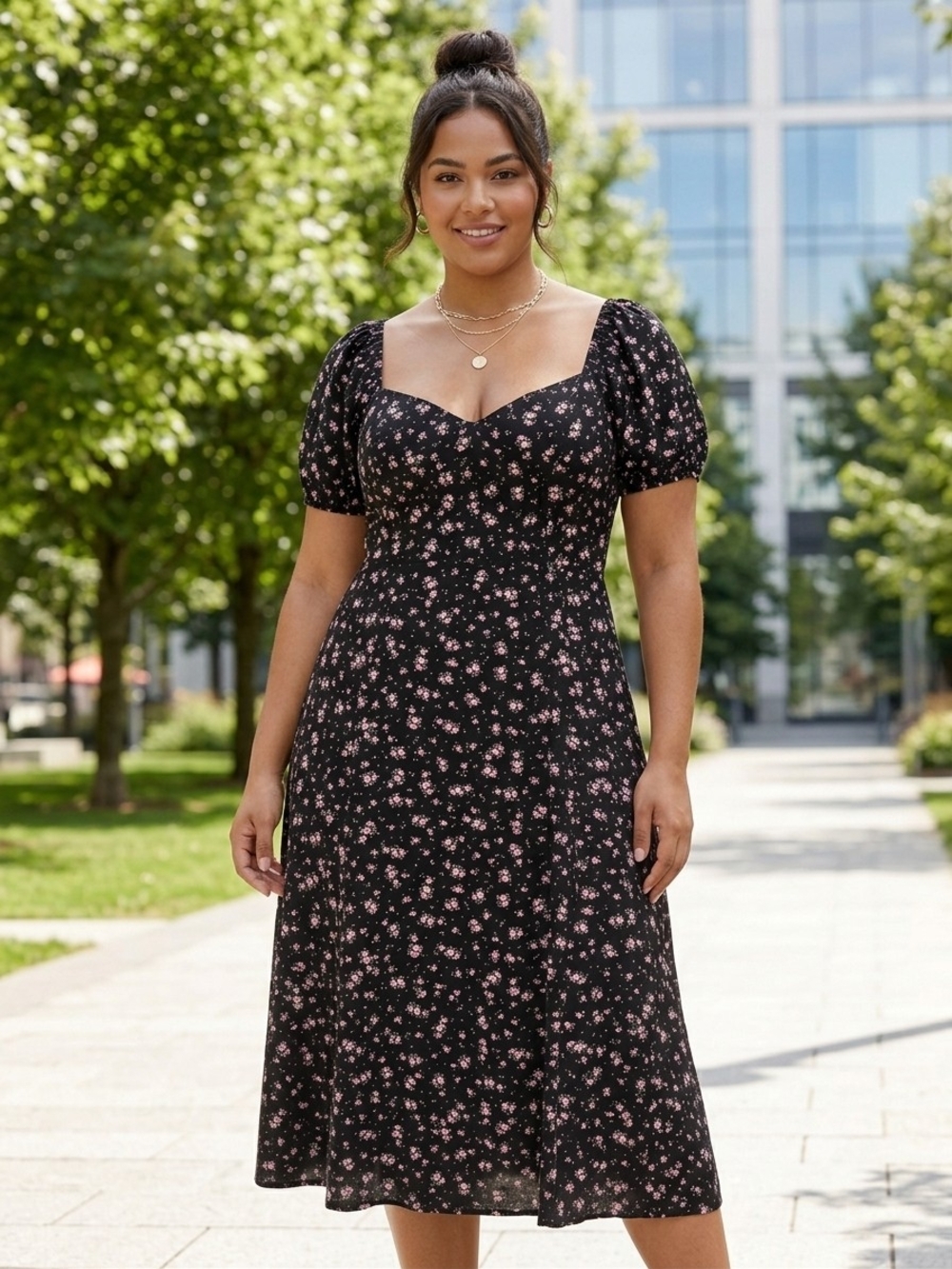 torrid Black Midi Dress with Pink Floral Print